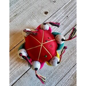 Vintage Folk Art Pin Cushion Doll Heads Red Handmade‎ Sewing Craft Decor